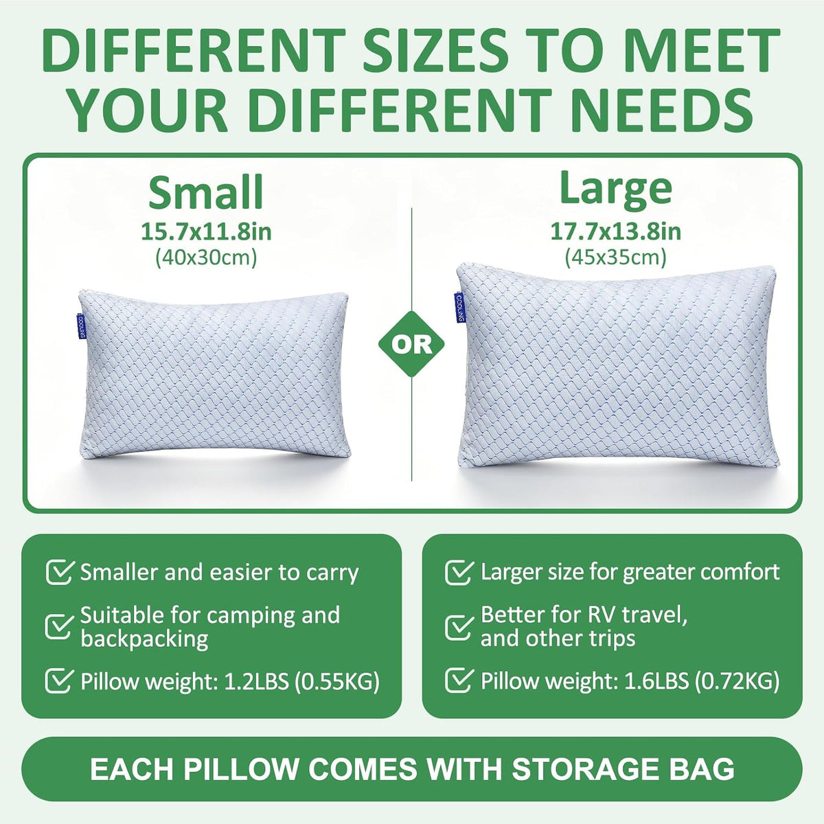 Travel Pillow - Large 2 Pack Compressible Camping Pillow for Sleeping - Shredded Memory Foam with 2 Storage Bags - Supportive for Adults, Kids, Outdoor, Backpacking, Hiking Gear