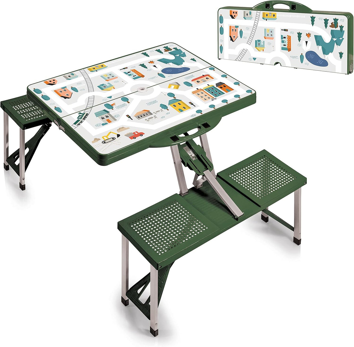 Picnic TIME Portable Folding Picnic Table with Seats for 4, Collapsible Aluminum Table with Benches & Umbrella Hole, Lightweight Foldable Table for Camping, Travel, Backyard, Tailgating