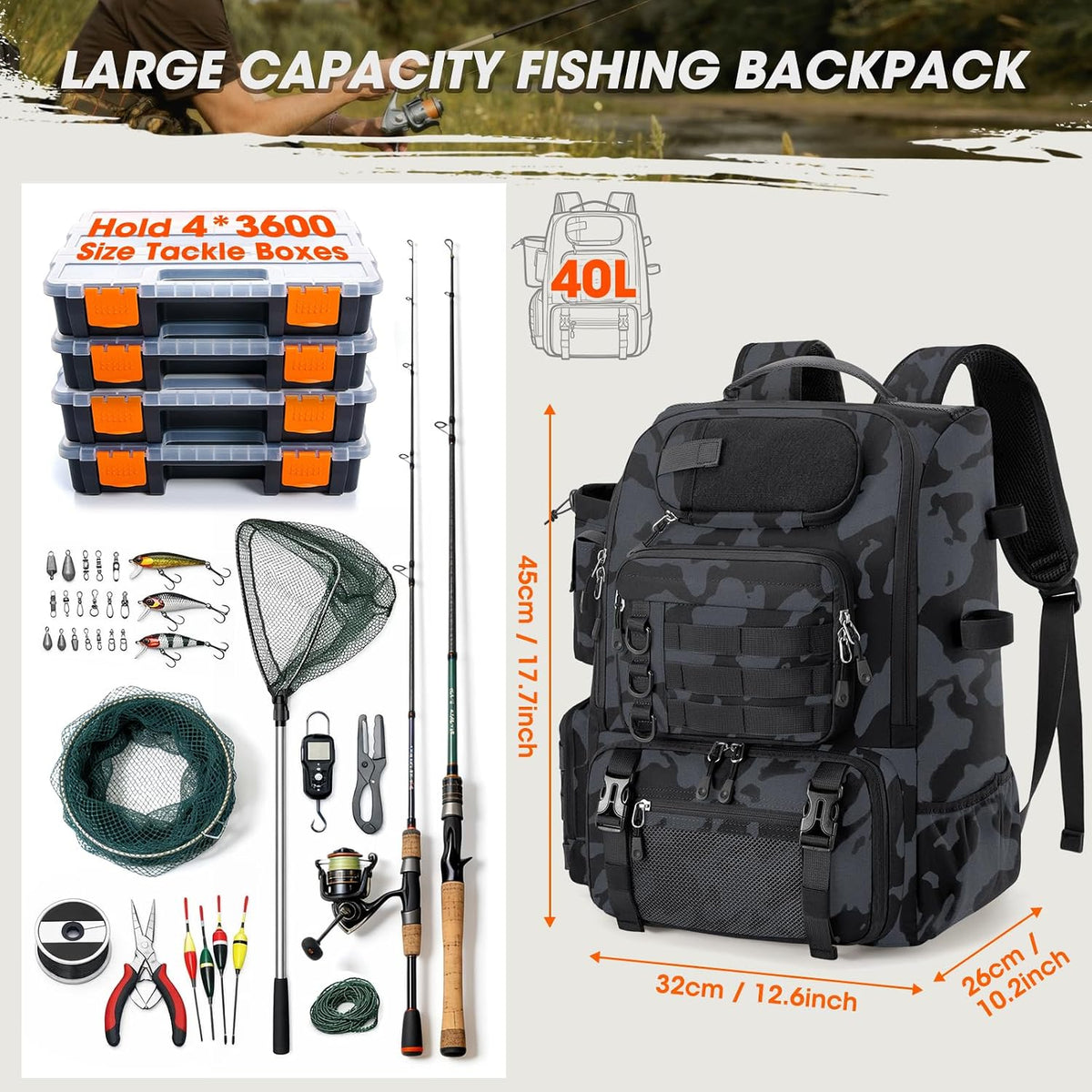 RAINSMORE Fishing Backpack 40L Tackle Backpack with Rod Holders & Cooler