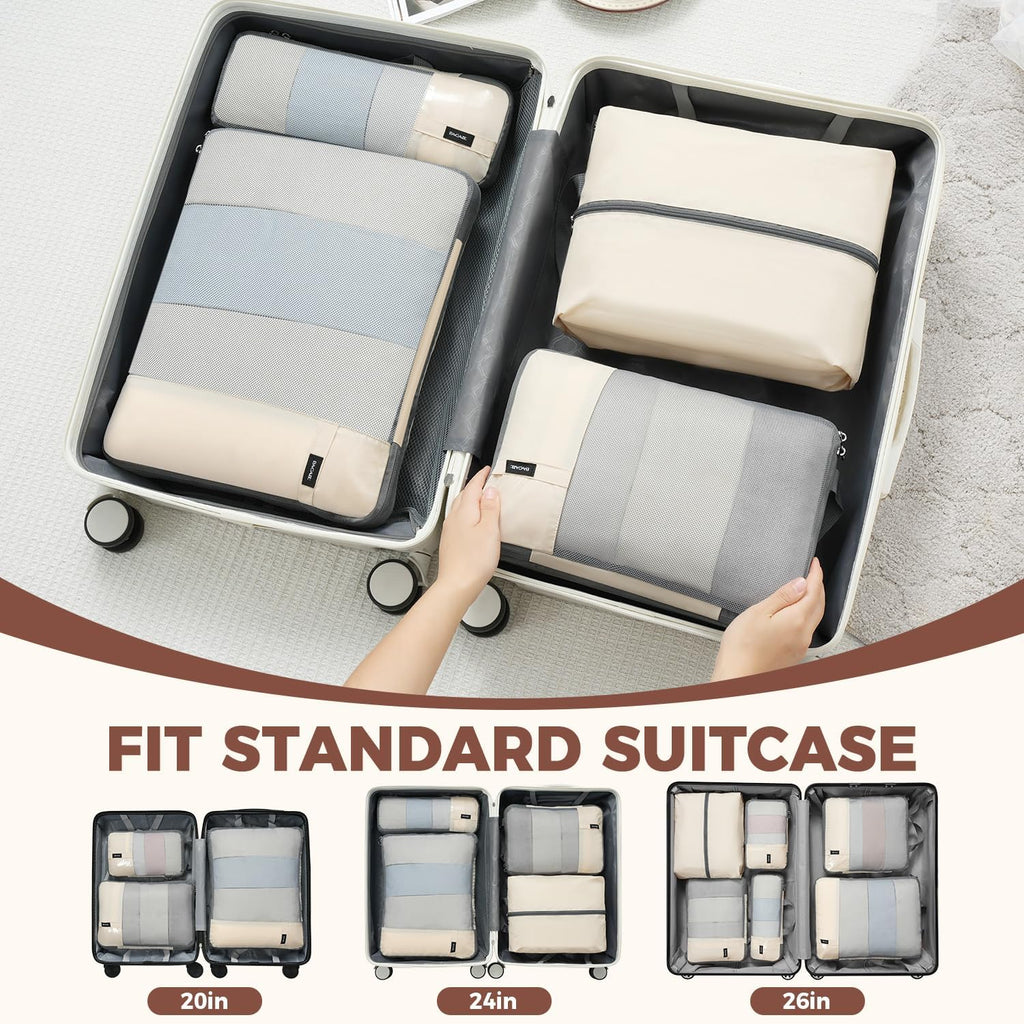 BAGAIL Lightweight Compression Packing Cubes for Travel, 6 Set, Beige