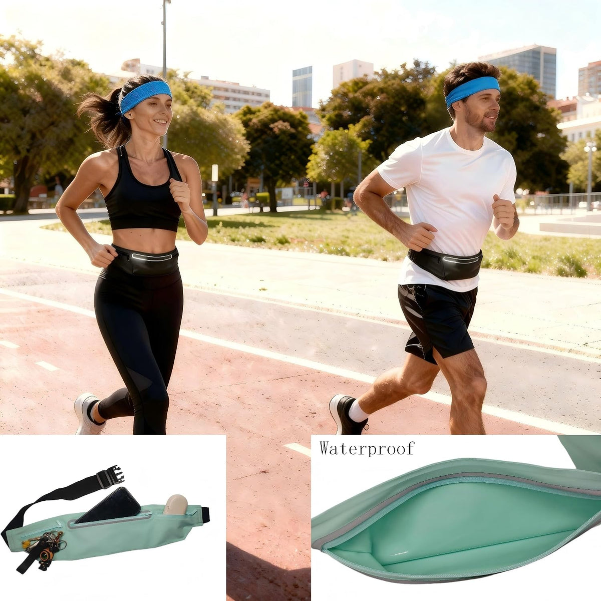 2 in 1 running set | running belt + moisture sweat headband, ultra-thin invisible shock proof waist bag, three pockets belly bag, suitable for fitness, jogging, hiking