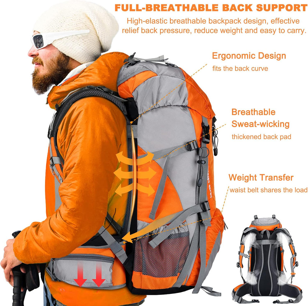 Loowoko 50L Hiking Backpack with Rain Cover for Both Men & Women | Lightweight at Just 2.8 lbs, External Extension with Compression Straps for Backpacking, Hiking, Camping, Trekking