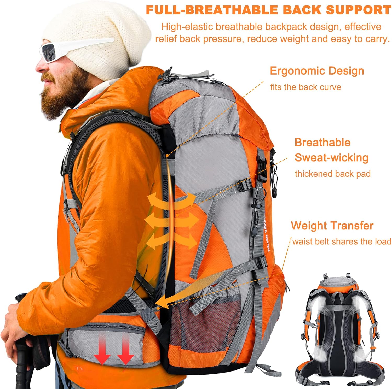 Loowoko 50L Hiking Backpack with Rain Cover for Both Men & Women | Lightweight at Just 2.8 lbs, External Extension with Compression Straps for Backpacking, Hiking, Camping, Trekking