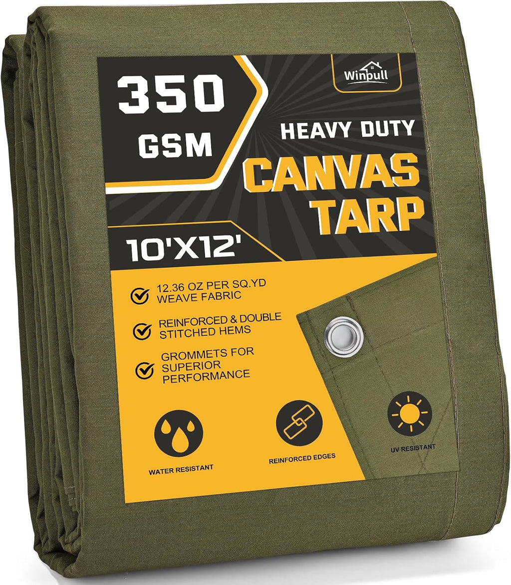Winpull Heavy Duty Canvas Tarp 10x12 ft, 12oz (350 GSM) Cotton Canvas Water-Resistant Tarp with Rustproof Grommets, Tear-Resistant Outdoor Cover for Wood Piles, Camping, Trailer & Equipment