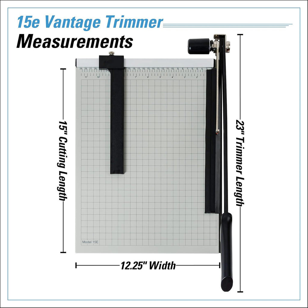 Dahle 15e Vantage Paper Trimmer, 15" Cut Length, 15 Sheet, Automatic Clamp, Adjustable Guide, Metal Base with 1/2" Gridlines, Guillotine Paper Cutter