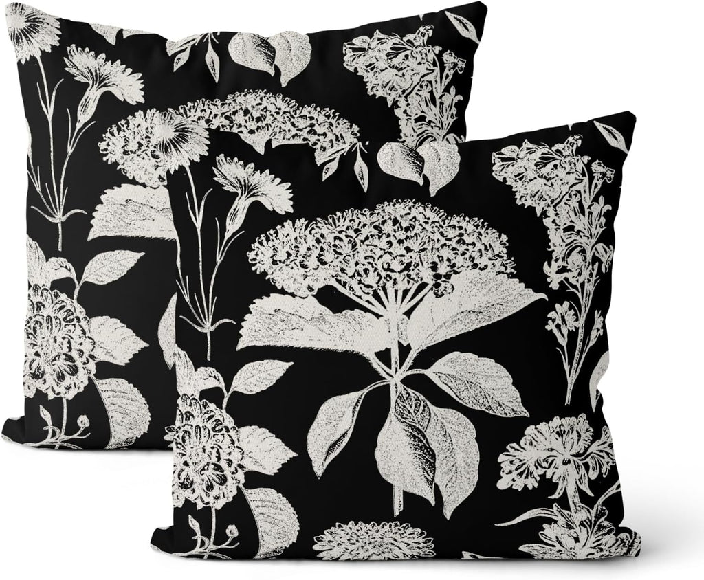 Vintage Floral Pillow Covers 18x18 Inch 2 Pcs Boho Black Hydrangea Flower Decor Throw Pillows Spring Summer Seasonal Outdoor Farmhouse Decoration Pillowcase Linen Cushion Cover for Couch