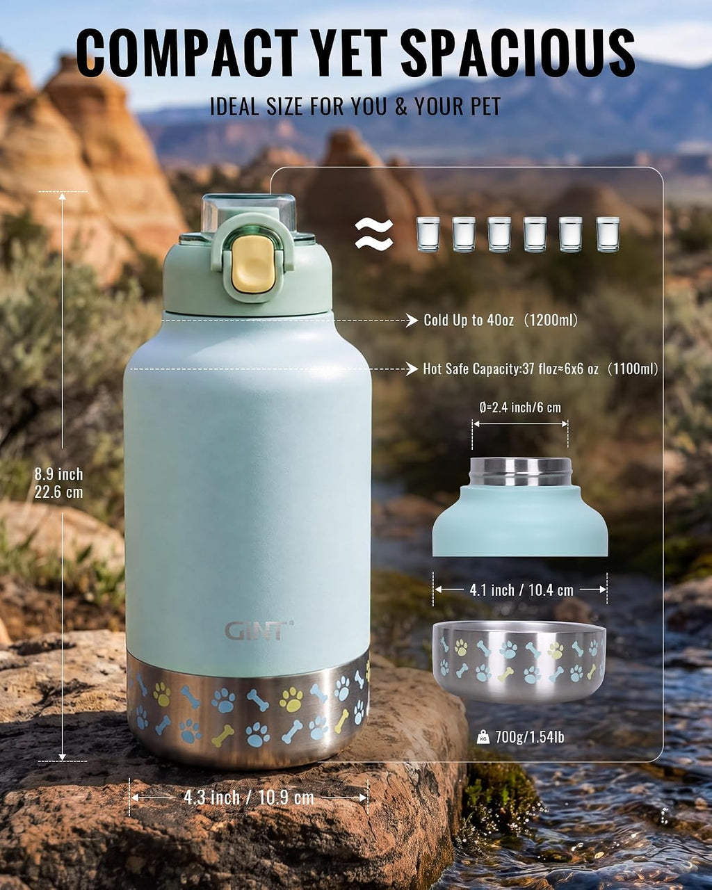 GiNT 37oz / 1.1L Insulated Dog Water Bottle with Carrying Case, Green