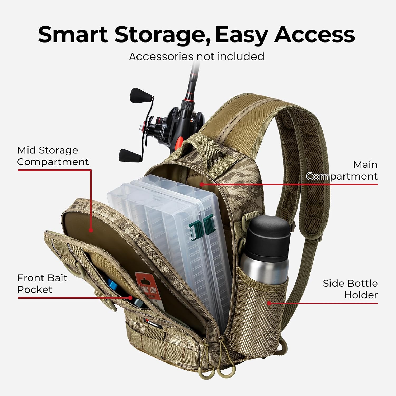 Piscifun Fishing Backpack, Rod Holders, Lightweight Sling Bag, Khaki Camo