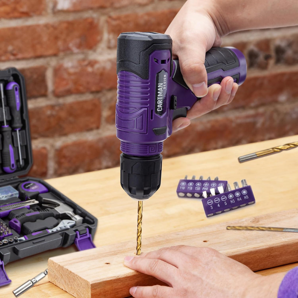 CARTMAN 150PCS 8V Cordless Drill Hand Tool Set, Purple Household Repair Kit