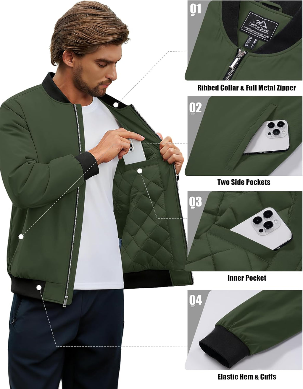 Cotrasen Men's Bomber Jacket Fall Winter Windbreaker Warm Quilted Coats
