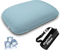 Cooling Travel Pillow, Small Memory Foam Camping Pillow with Adjustable Buckle Strap & Storage Bag, Compact Small Pillow for Airplane, Car Lumbar, Office, Washable Cooling Cover, Glacier Blue