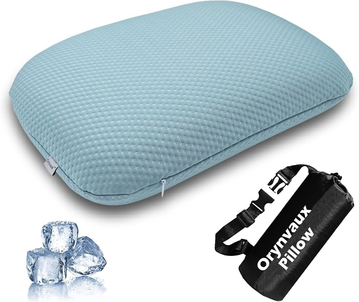 Cooling Travel Pillow, Small Memory Foam Camping Pillow with Adjustable Buckle Strap & Storage Bag, Compact Small Pillow for Airplane, Car Lumbar, Office, Washable Cooling Cover, Glacier Blue