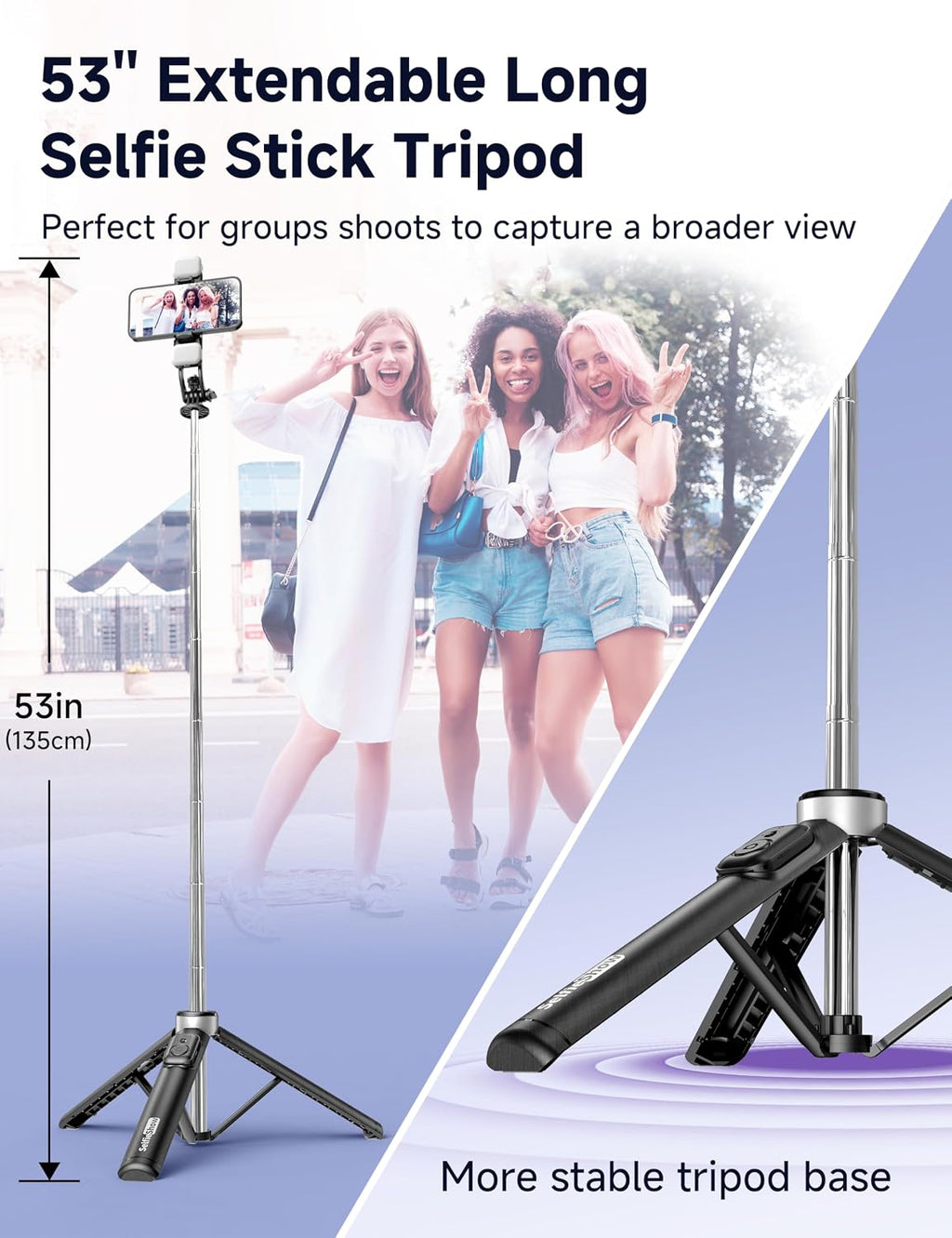 53'' Selfie Stick Tripod with Light, Extendable Selfie Stick with Remote, Portable Cell Phone Tripod Stand with All in 1 Phone Clip, Lightweight Camera Tripod Compatible with iPhone 17 16 15, Android