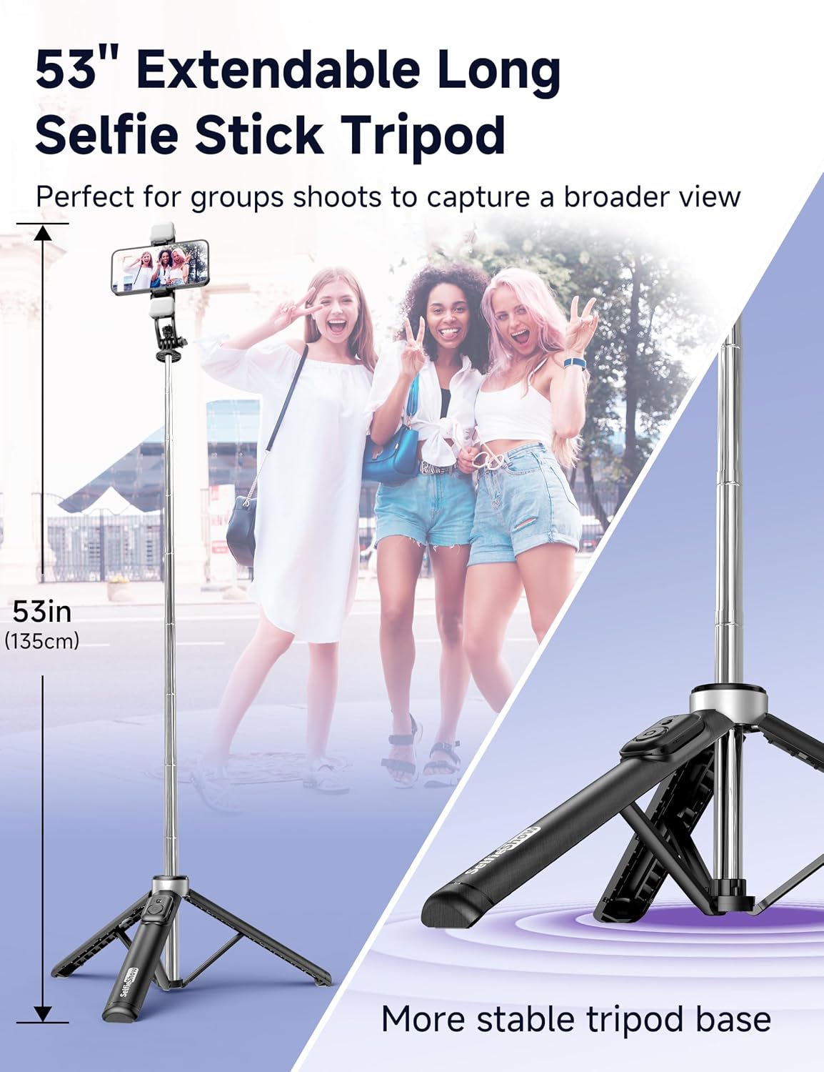 53'' Selfie Stick Tripod with Light, Extendable Selfie Stick with Remote, Portable Cell Phone Tripod Stand with All in 1 Phone Clip, Lightweight Camera Tripod Compatible with iPhone 17 16 15, Android