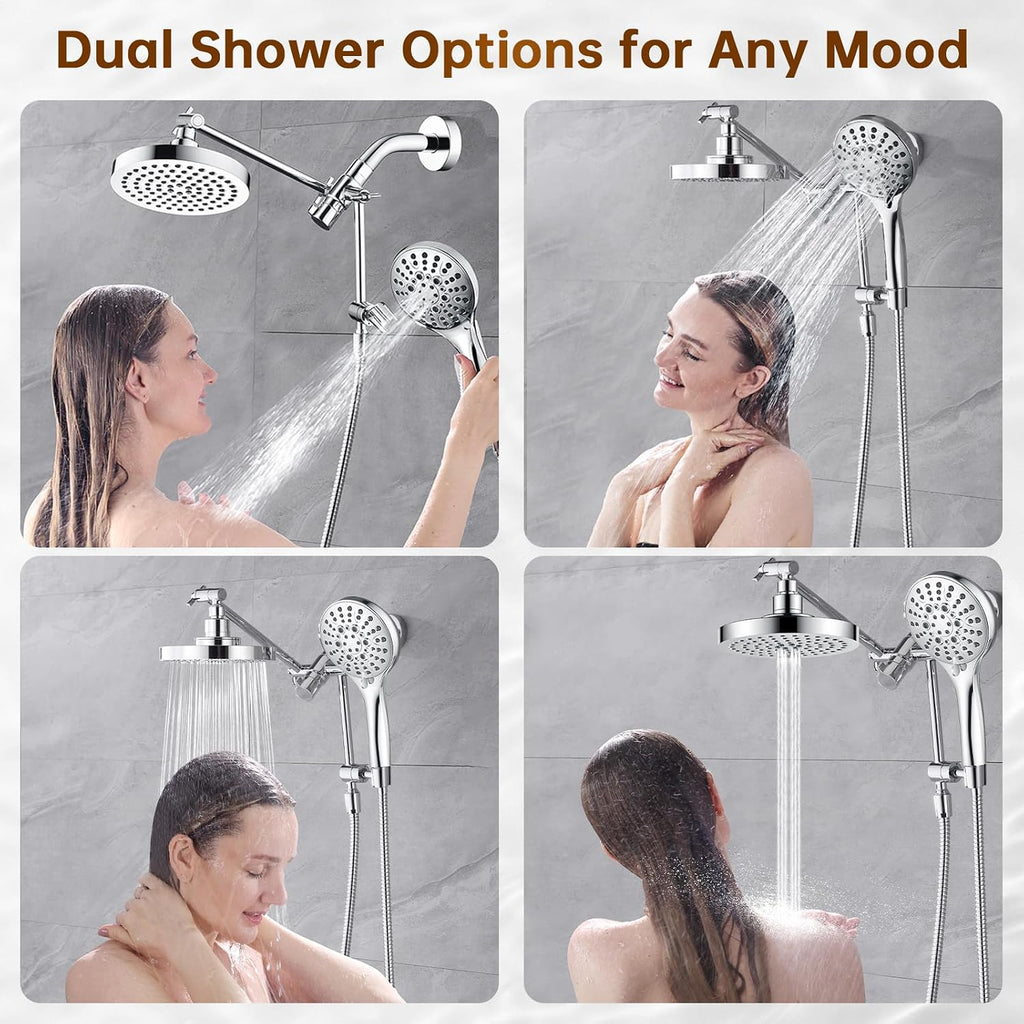 BRIGHT SHOWERS Rain Shower Head with Handheld Spray Built-in Power Wash, High Pressure Dual Shower Head with Height Adjustable Extension Arm, 3-Way Diverter, 9 Settings Handheld, 69” Long Hose, Chrome