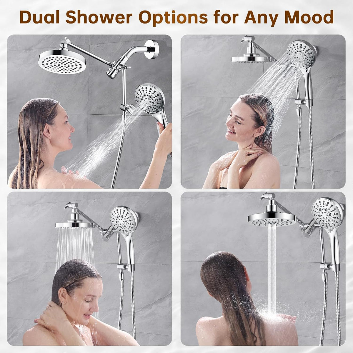 BRIGHT SHOWERS Rain Shower Head with Handheld Spray Built-in Power Wash, High Pressure Dual Shower Head with Height Adjustable Extension Arm, 3-Way Diverter, 9 Settings Handheld, 69” Long Hose, Chrome