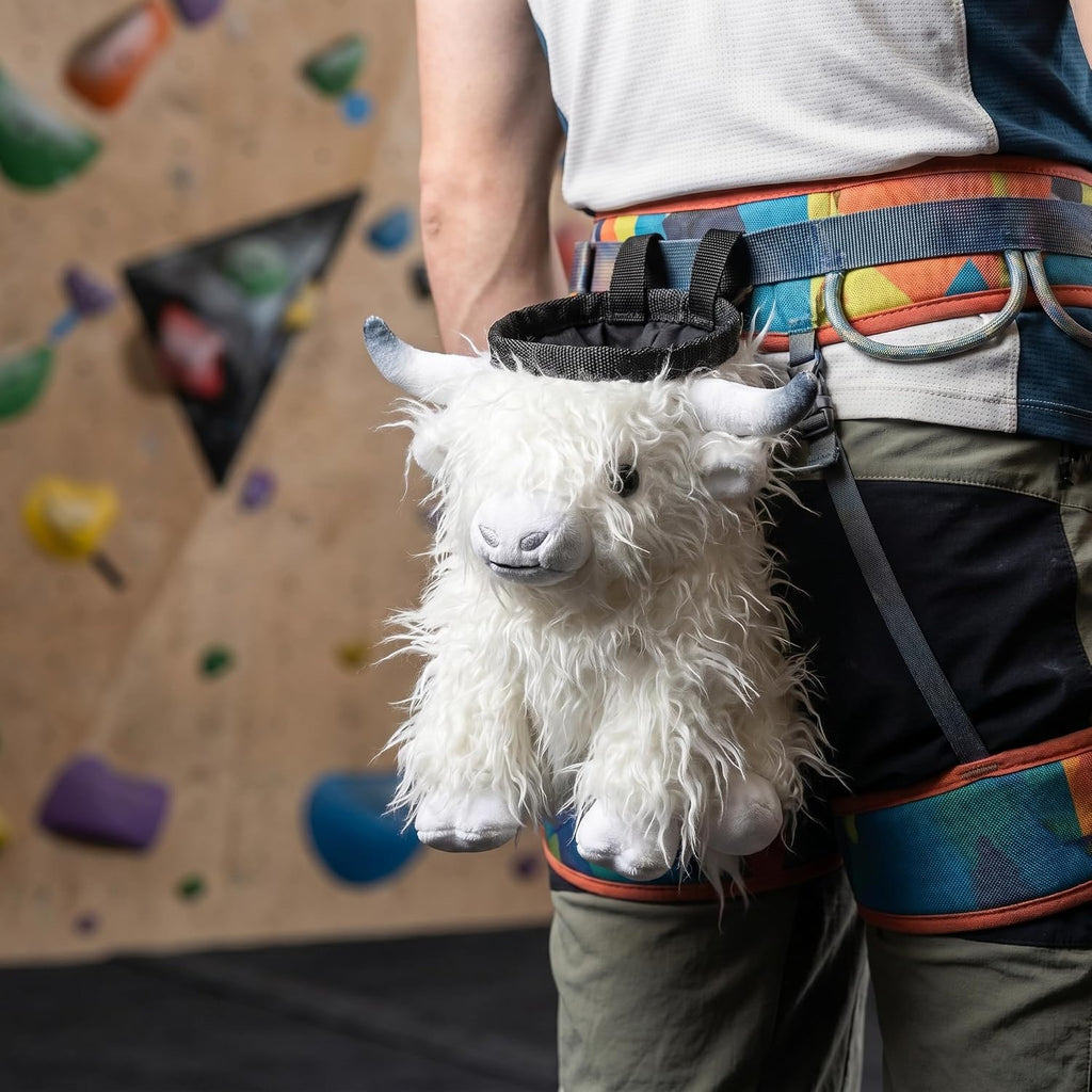 Highland Cow Plush Rock Climbing Chalk Bag, Cute Plush Animal，Drawstring Closure & Adjustable Belt，Bouldering & Gymnastics, Soft Fluffy Cow Chalk Pouch, Unique Climbing Gear Gift for Climbers