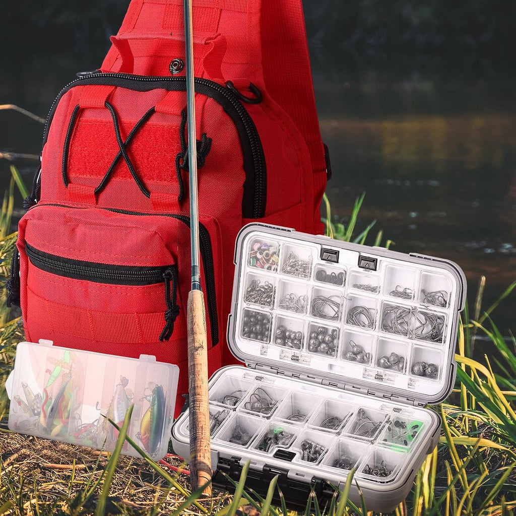 Sosation 482 Pcs Fishing Sling Tackle Bag Set Fish Tackle Box Backpack Storage Fishing Gear and Equipment Included Fish Hook Remover Tool Lures Lip Gripper, Gift for Men