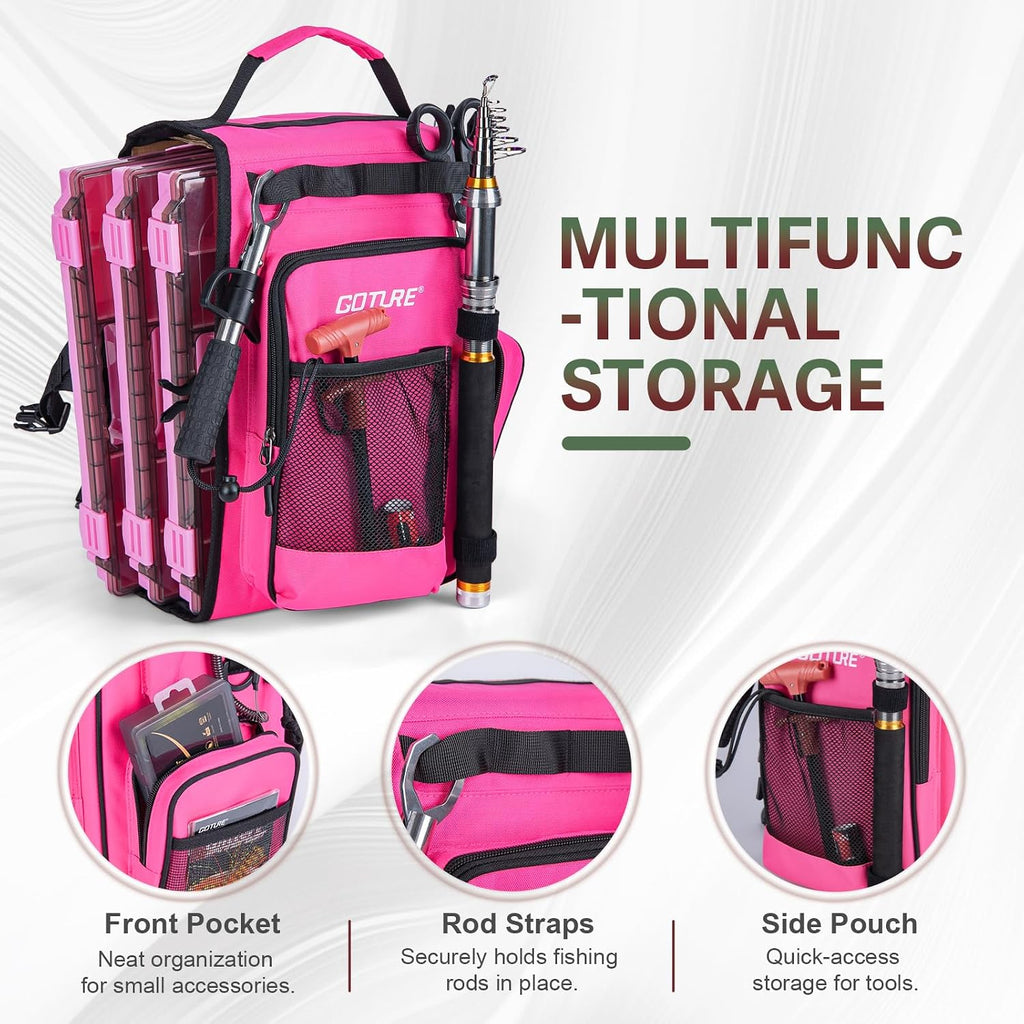 Goture OpenSide Tactical Sling Tackle Bag with 3 Tackle Trays,Lures & Fishing Tools, Lightweight Fishing Backpack Storage for Fishing Gear-Pink Bag, Gift for Women