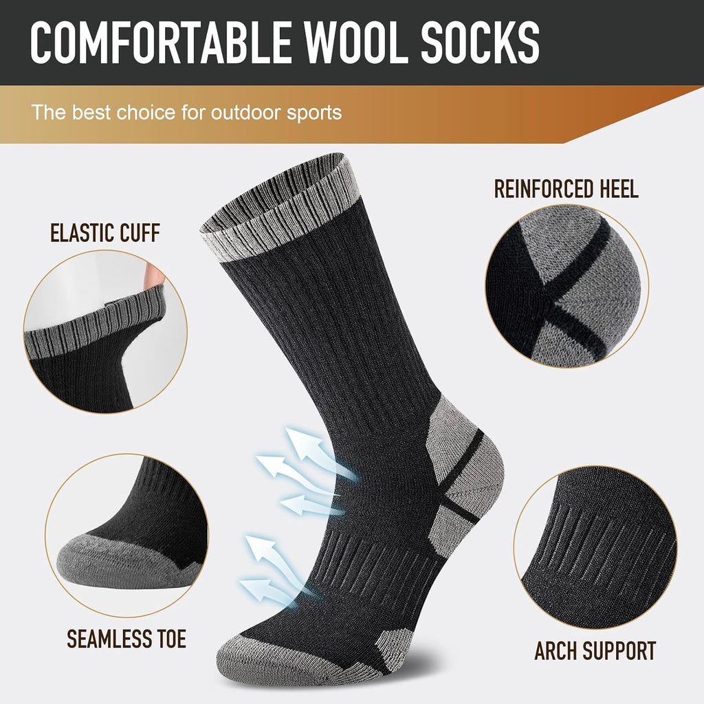 Niorasen Merino Wool Hiking Crew Socks for Men & Women, Thick Cushioned Anti-Blister, Moisture-Wicking, Seamless, 3/5 Pairs