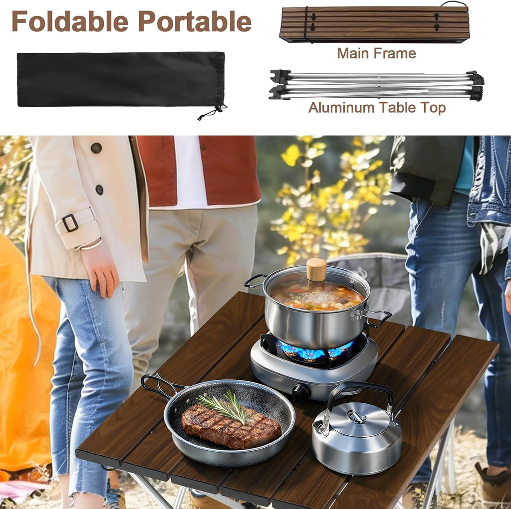 Tesouro Camping Table with Aluminum Table Top, Folding Beach Table Easy to Carry, Prefect for Outdoor, Picnic, BBQ, Cooking, Festival, Beach, Home Use