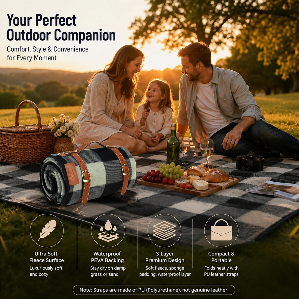 PortableAnd Ultra Soft Lightweight Picnic Blanket Waterproof 3-Layer Outdoor Mat Compact Foldable Blanket for Parks, Beaches, Camping & Everyday Adventures