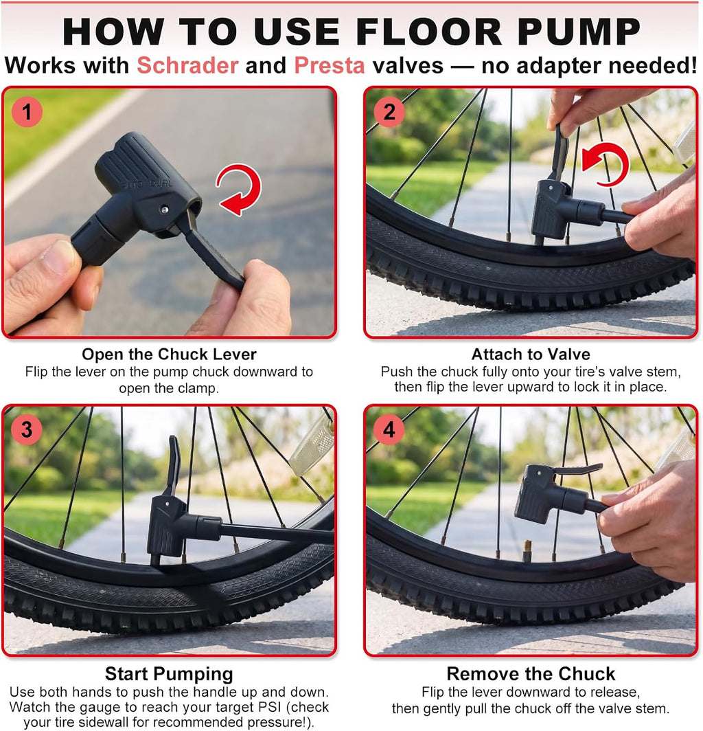 Hycline Bicycle Pump Durable Bike Floor Pump with Auto Dual Valve