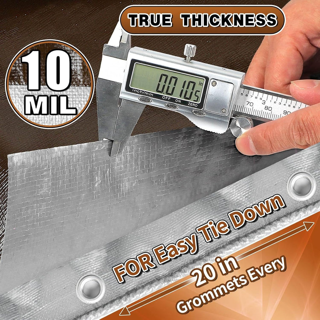 Tarps Heavy Duty Waterproof 12x16 Ft, 10 Mil Thick, High Durability, Rip, UV Resistant and Tear Resistant with Metal Gromets Every 20 Inches (Silver/Brown - Reversible)