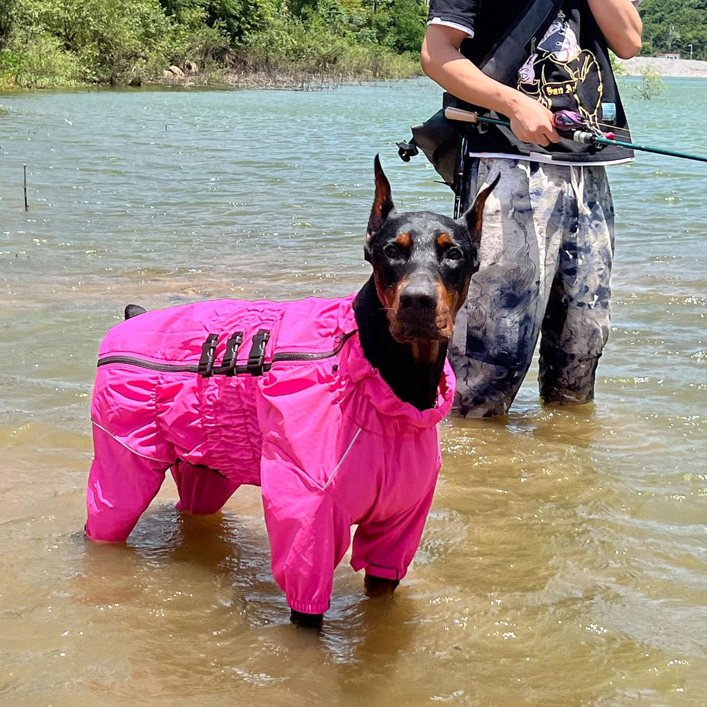 Lovelonglong Waterproof Dog Raincoat – 4-Leg Full Body Dog Rain Suit with Reflective Strips & Leash Opening, Outdoor Dog Jacket for Rainy Weather