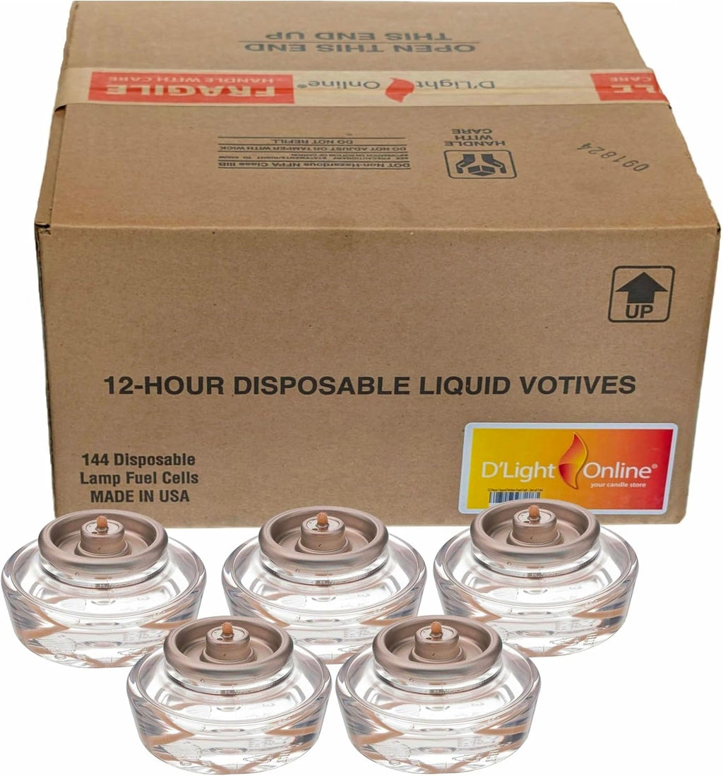 D'Light Online HD12-144 Disposable Liquid Candles 12 Hour Liquid Votive Fuel Cell Oil Candle Cartridge Clear Votive Candles Fuel Cells for Restaurant, Hotels, Wedding Table Top Lights - Set of 144