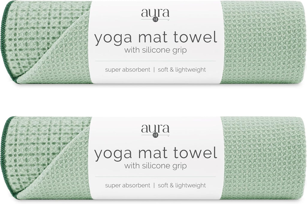 S&T INC. Aura Microfiber Yoga Mat Towel with Grip, 2 Pack, 24" x 72", Green