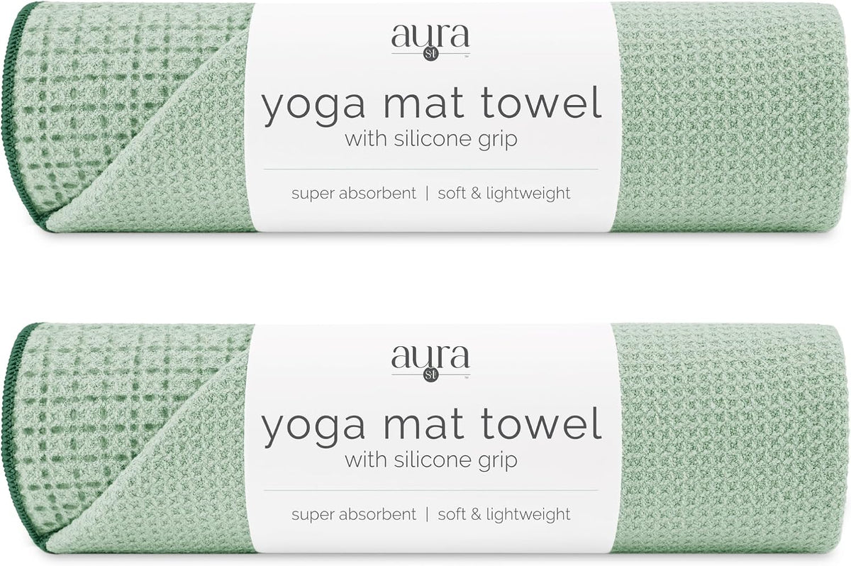 S&T INC. Aura Microfiber Yoga Mat Towel with Grip, 2 Pack, 24" x 72", Green