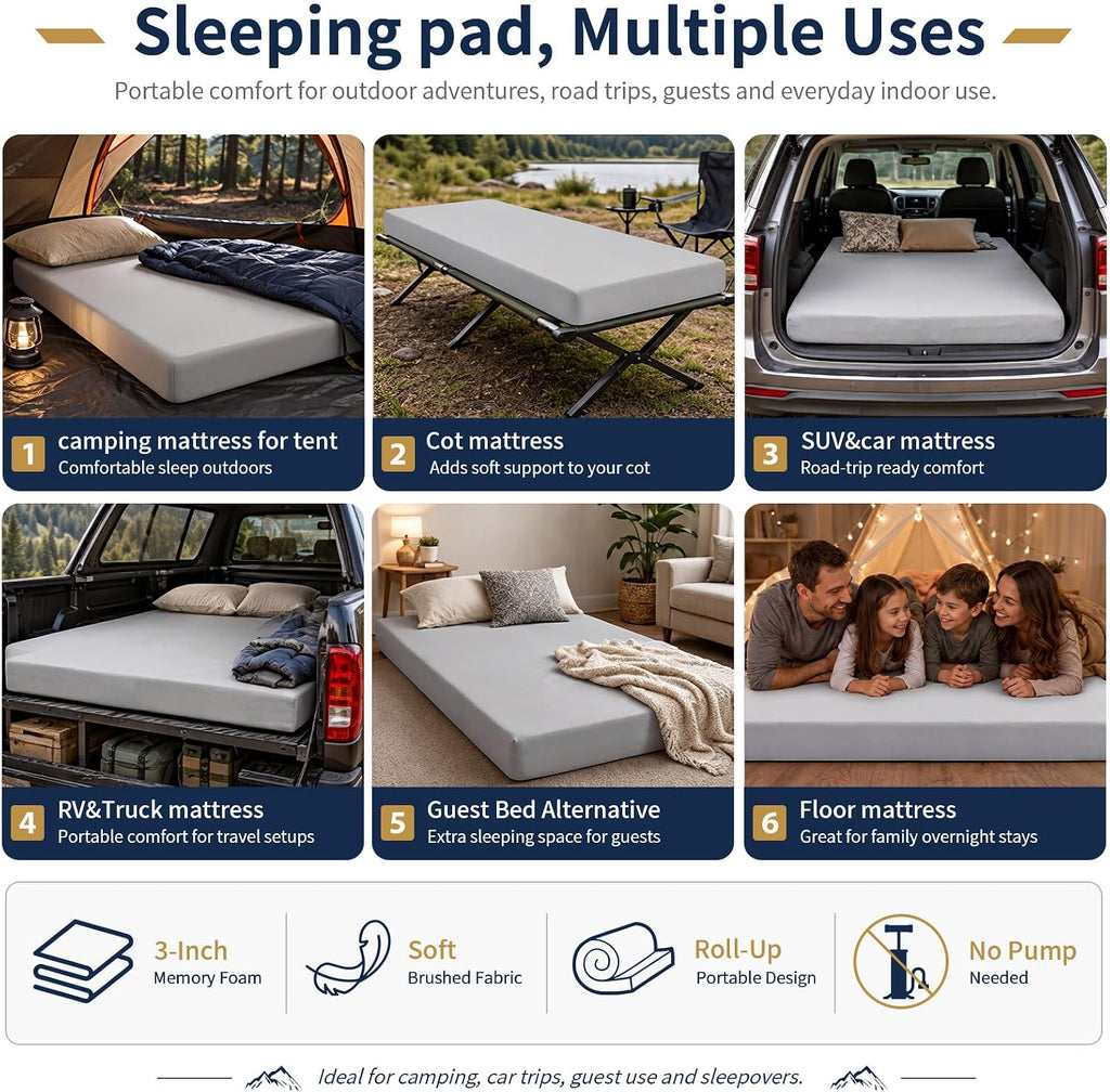 CYMULA Memory Foam Camping Mattress Pad,Sleeping Pad for Camping,Non-Slip Bottom Floor Car Mattress Bed with Retaining Portable Roll up Mattress Pad Mat for Travel Truck Guest Bed Tent
