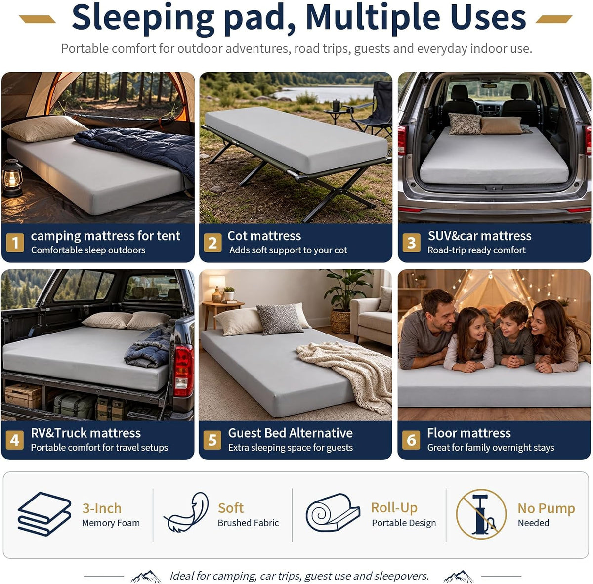 CYMULA Memory Foam Camping Mattress Pad,Sleeping Pad for Camping,Non-Slip Bottom Floor Car Mattress Bed with Retaining Portable Roll up Mattress Pad Mat for Travel Truck Guest Bed Tent