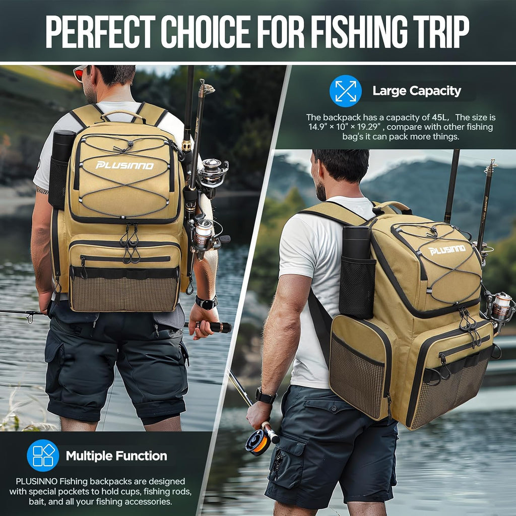 PLUSINNO Cooler Fishing Backpack with Rod Holders 45L Large Water-resistant Fishing Tackle bag Store Fishing Gear Fishing Gifts for Men Father