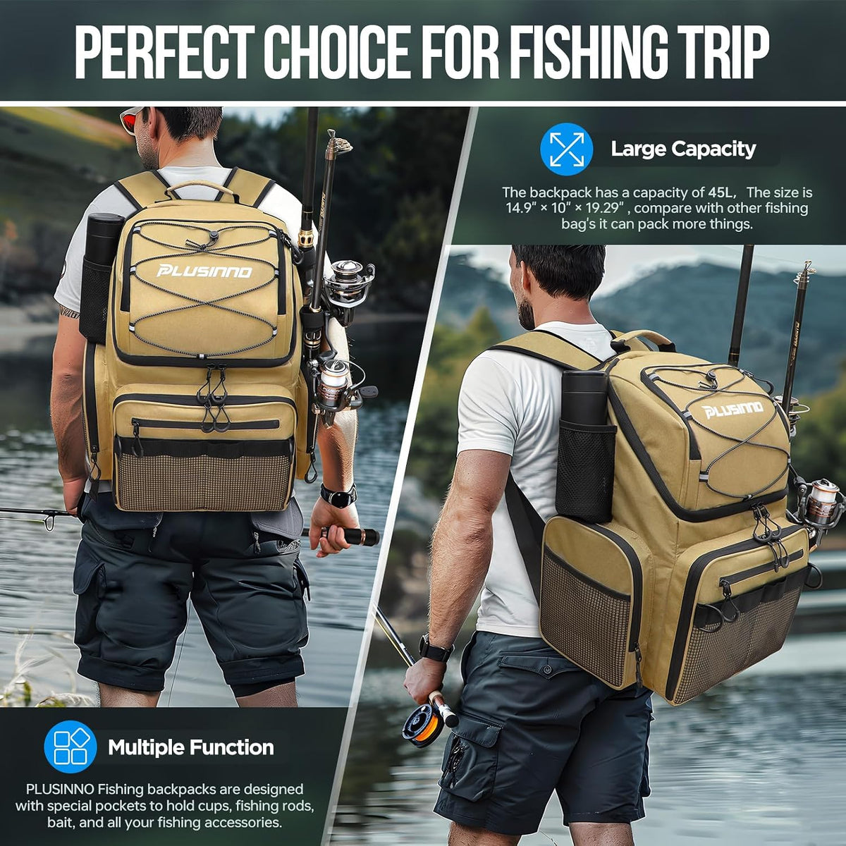 PLUSINNO Cooler Fishing Backpack with Rod Holders 45L Large Water-resistant Fishing Tackle bag Store Fishing Gear Fishing Gifts for Men Father