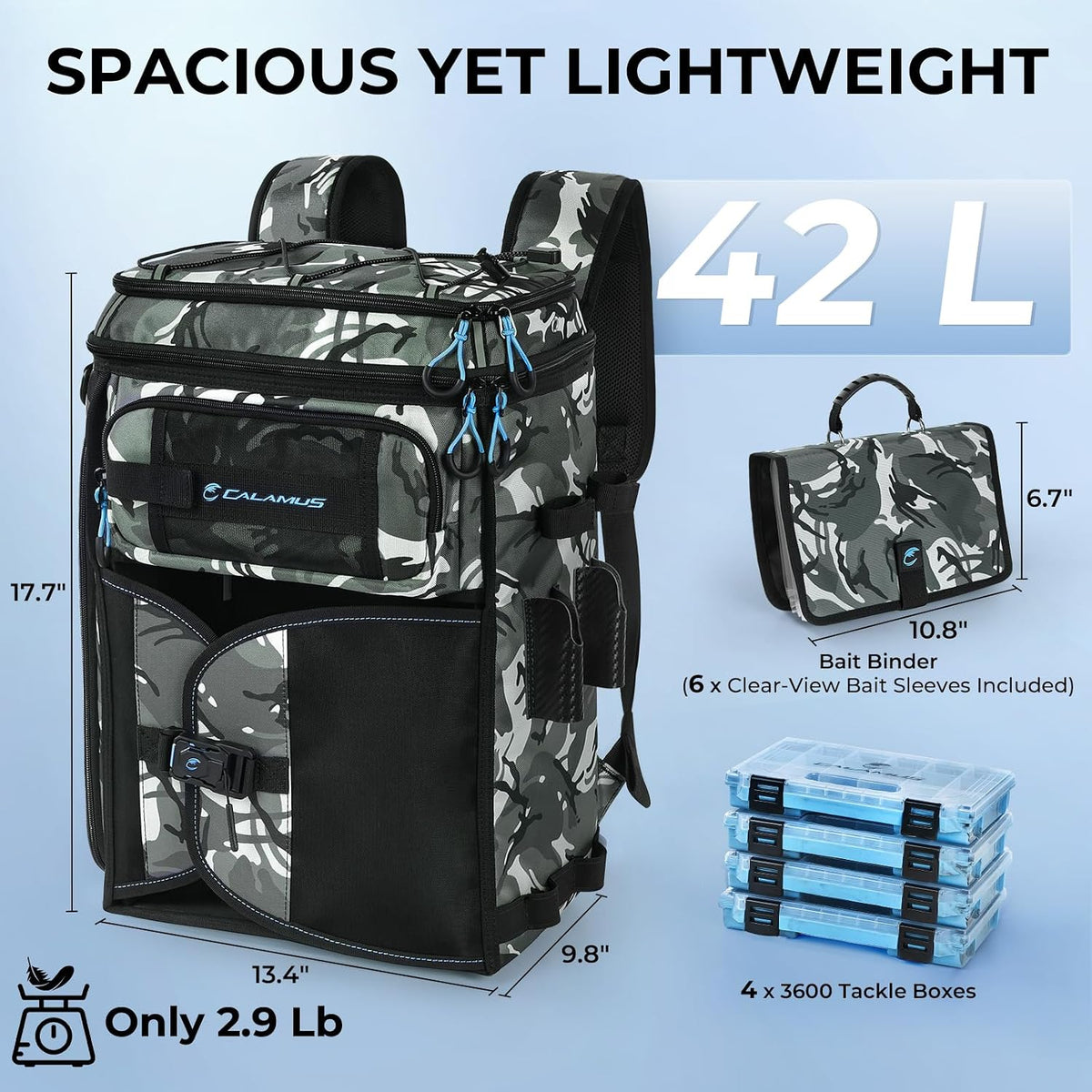 Calamus GearMaster Fishing Backpack with Bait Binder, Black Camo With (4) 3600 Tackle Boxes