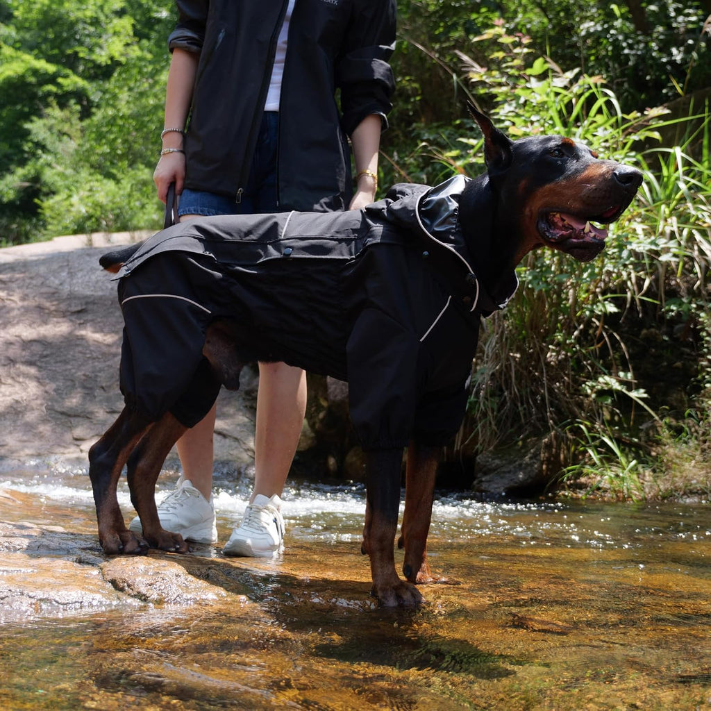 LOVELONGLONG Waterproof Dog Raincoat with Removable Hood – Outdoor Full Body Dog Jacket, Windproof Snowproof Shell Suit – All Season Pet Rain Gear Black 3XL
