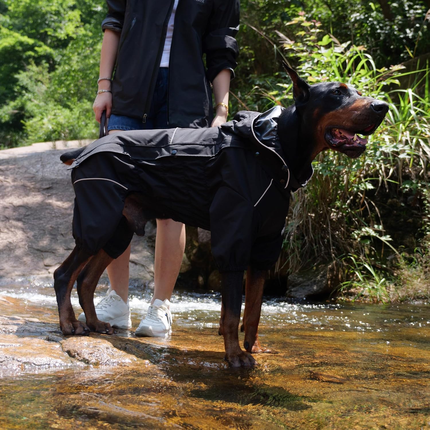 LOVELONGLONG Waterproof Dog Raincoat with Removable Hood – Outdoor Full Body Dog Jacket, Windproof Snowproof Shell Suit – All Season Pet Rain Gear Black 3XL