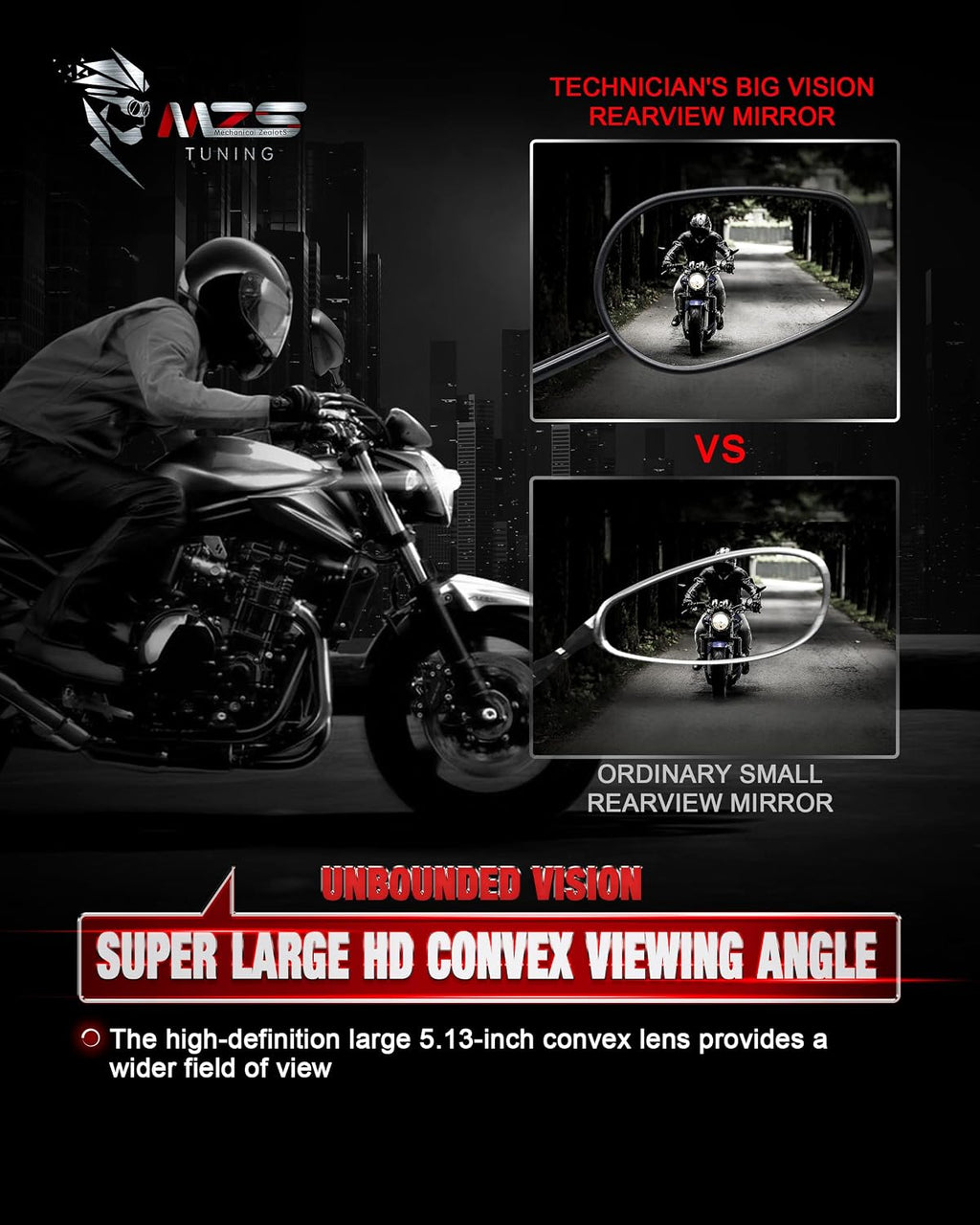 MZS Black Motorcycle Mirrors 10MM, Heavy Duty Aluminum Universal Motorbike Rear View Side Mirror Adjustable Compatible with Street Naked Bike Touring Cruiser Chopper