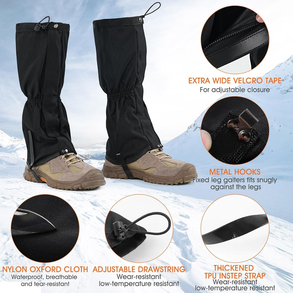 likloks Adjustable Leg Gaiters for Men & Women - Lightweight & Waterproof Gaiter for Hiking, Snow, Trail, Trekking, Hunting, Climbing