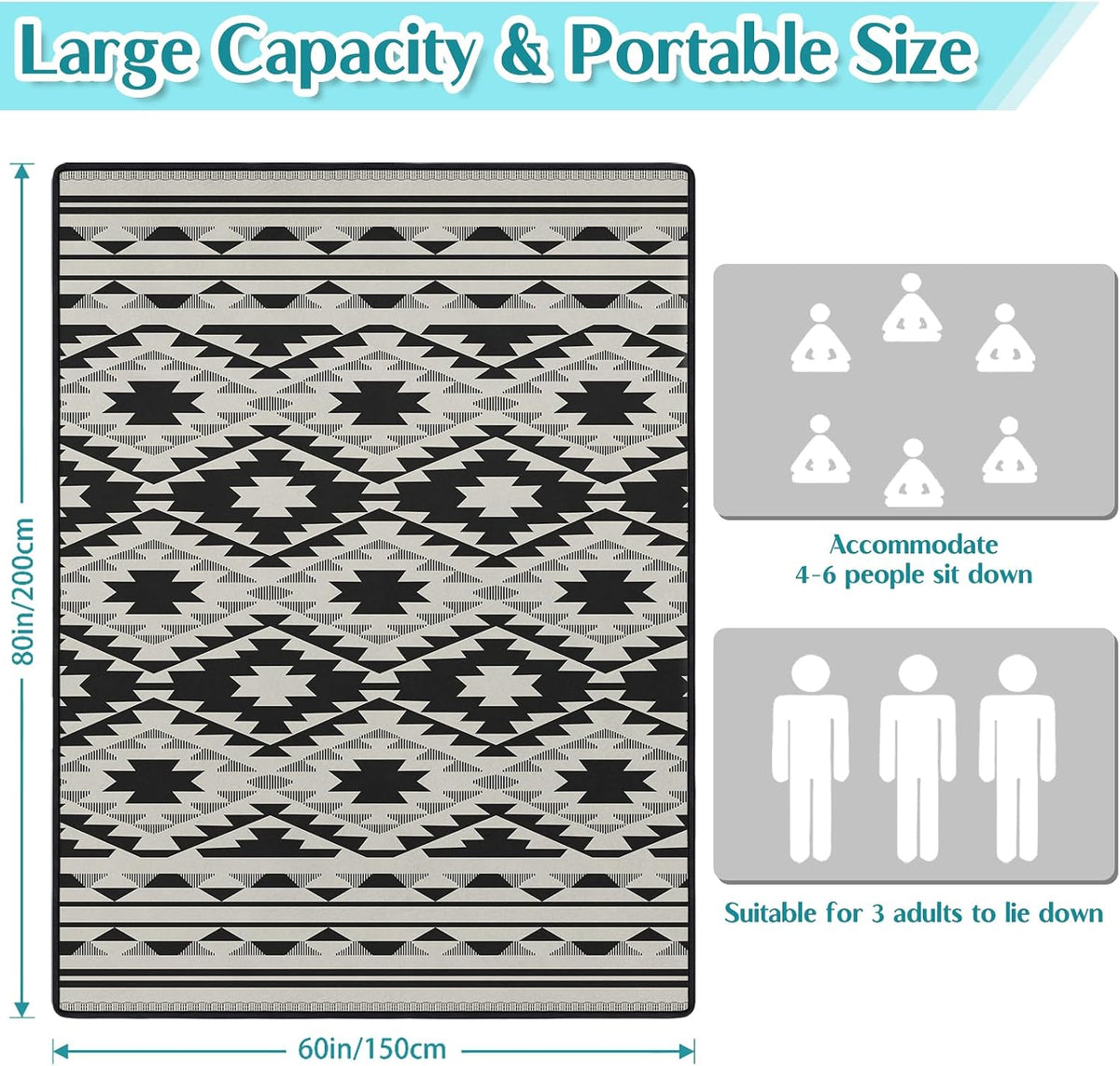 Boho Picnic Blankets Waterproof Foldable, 60″X80″ Thick Three Layer Picnic Mat Tribal Outdoor Blanket for Grass, Beach Blanket Sandproof Picnic Accessories for Camping Party Park Patio