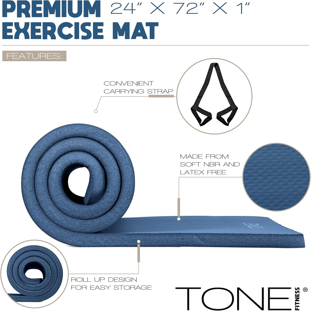 Tone Fitness 1" Extra Thick Yoga Mat, Exercise & Pilates Mat with Strap