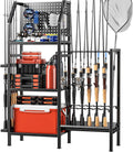 POKIPO Fishing Rod Holders for Garage,Fishing Rod Rack Storage up to 18 Rods,3 Tier Adjust Heavy Duty Metal Fish Pole Stand Organizer with Pegboard for Fishing Gear and Equipment Accessories