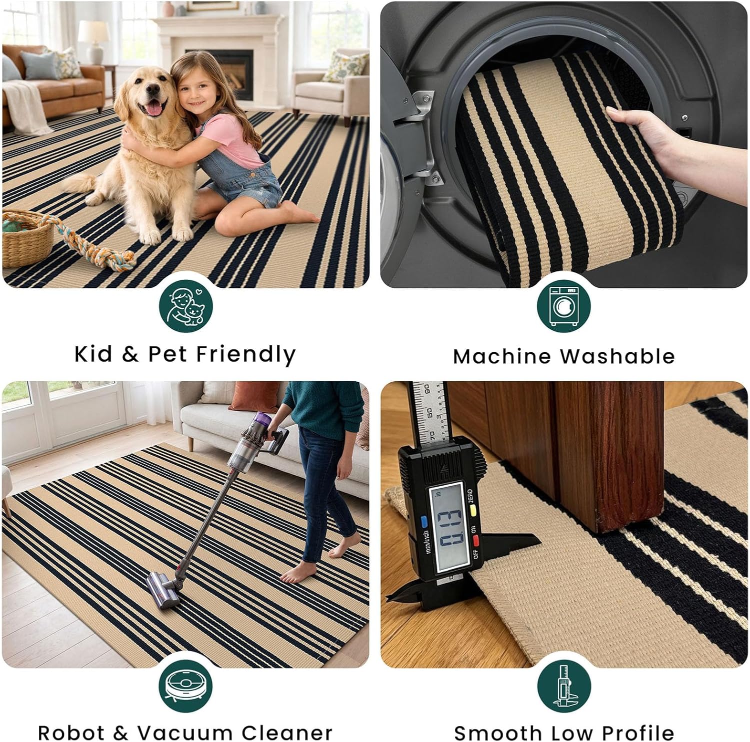 KOZYFLY 3'x5' Striped Area Rug, Brown and Black Woven Cotton Outdoor Rug