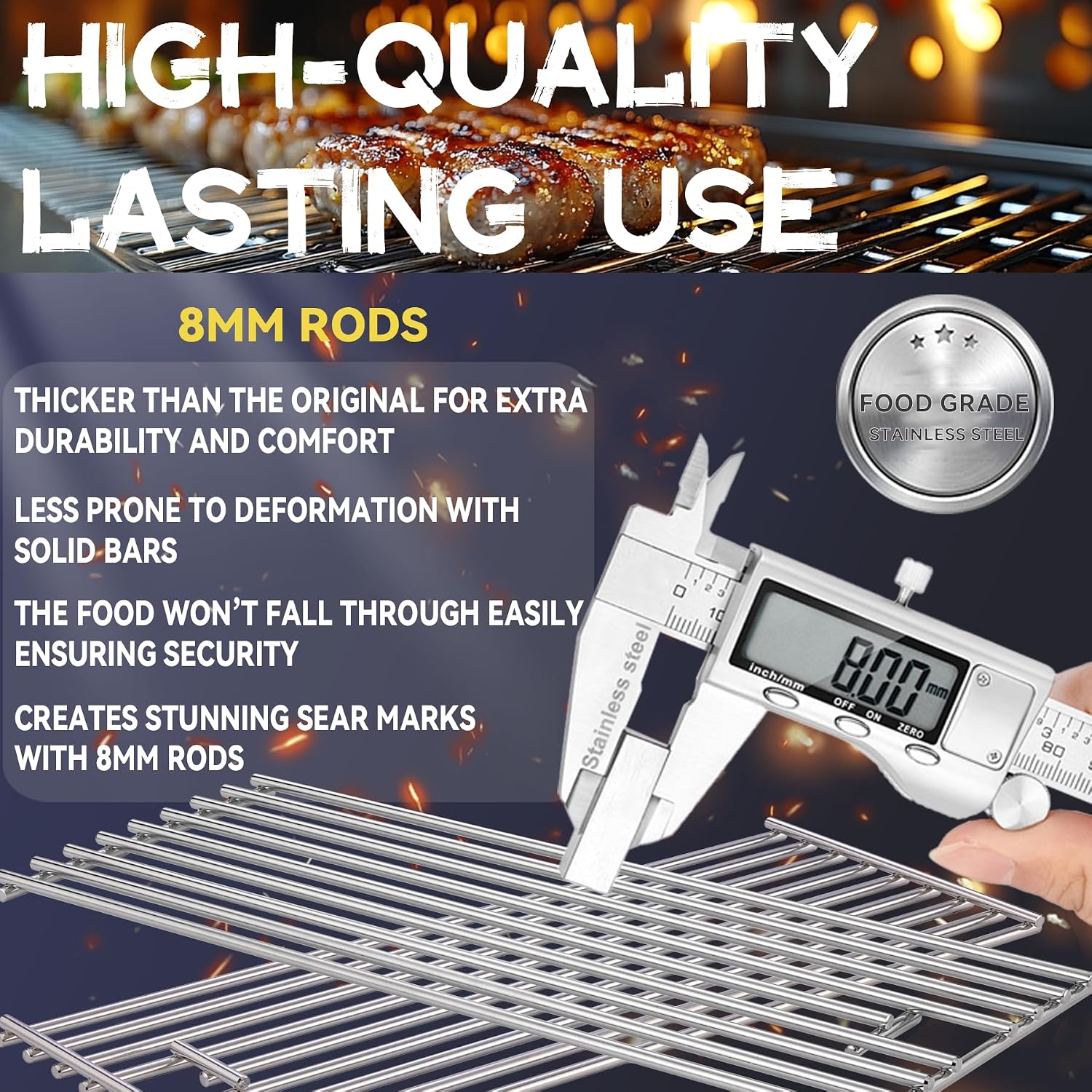 4 Pack 8mm Stainless Steel BBQ Cooking Grill Grates Replacement Parts for 16517 Bull 18248 LP,18249 NG,65073 L60000, BBQ Angus 47628, Brahma, Lonstar Select, Outlaw Steer Premium,7 Burner Premium
