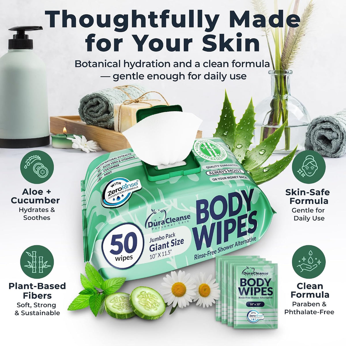 Body Wipes for Women - Gentle - No Rinse Bathing Wipes - 50 Ct + 4 Travel