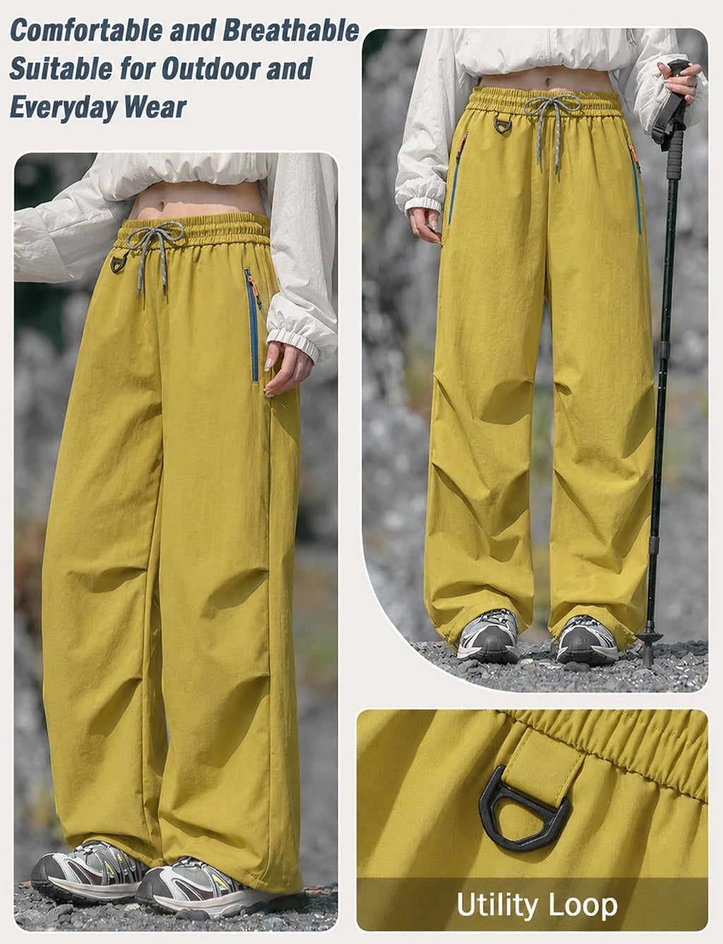 FEOYA Waterproof Pants Women Light Rain Pants Parachute Drawstring Cuffs