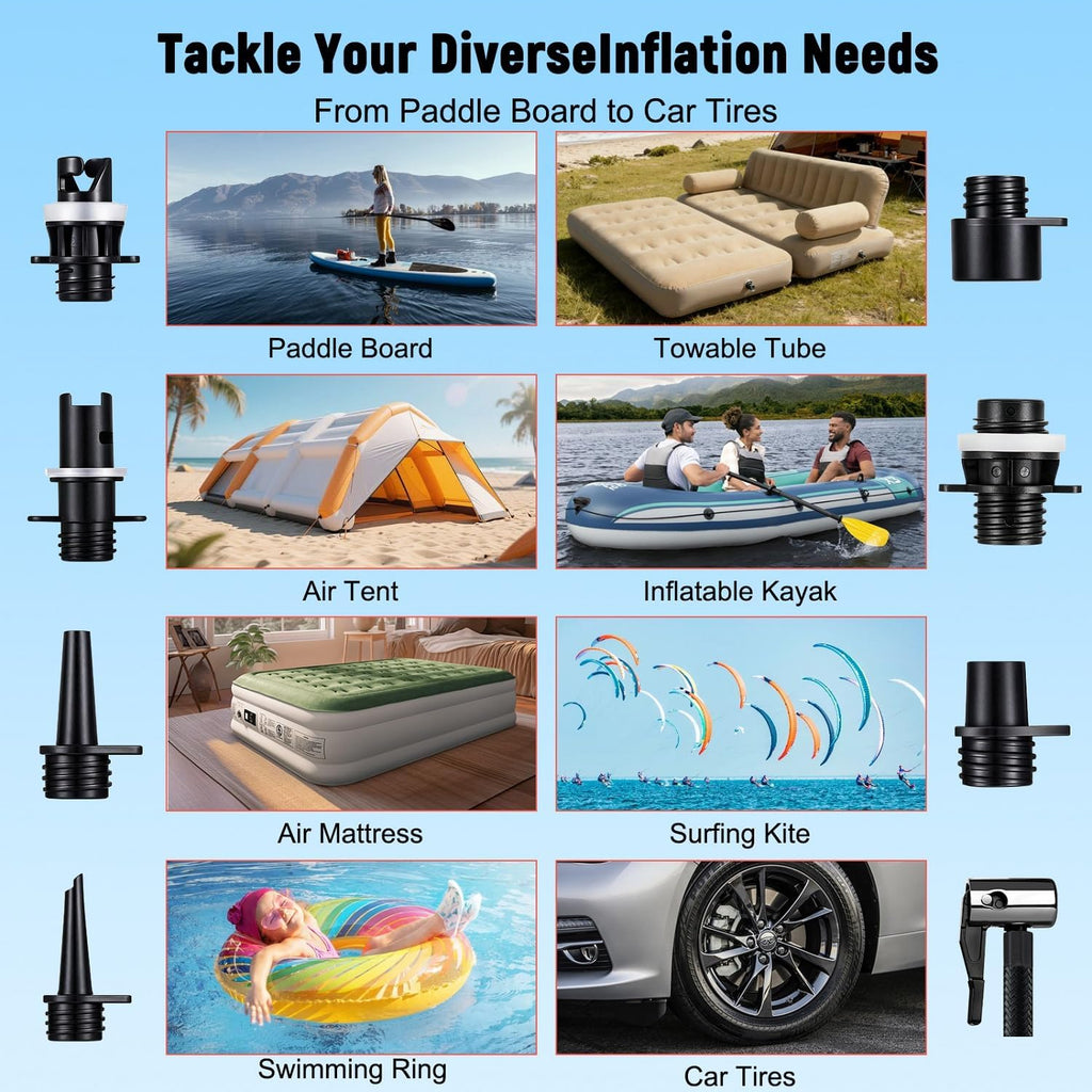 Paddle Board Electric Pump Portable 45 PSI, Dual Powered Rechargeable & 12V DC Air Sup Pump for Car Tires, Paddleboards, Kayak, Tents, Mattresses & Water Sports Inflation & Deflation, Auto-Off