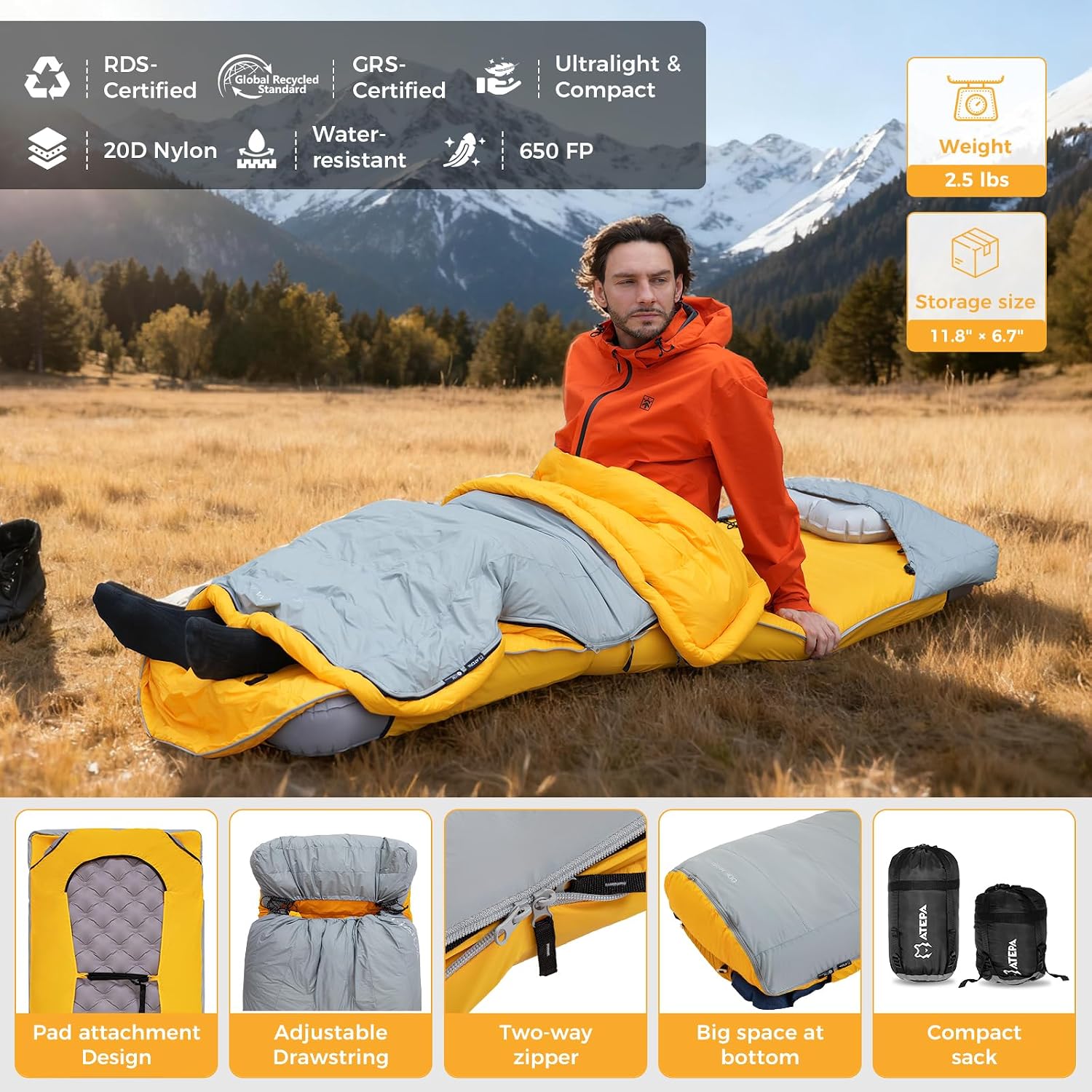 ATEPA Down Sleeping Bag, 650FP / 700FP Recycled, 3-Season
